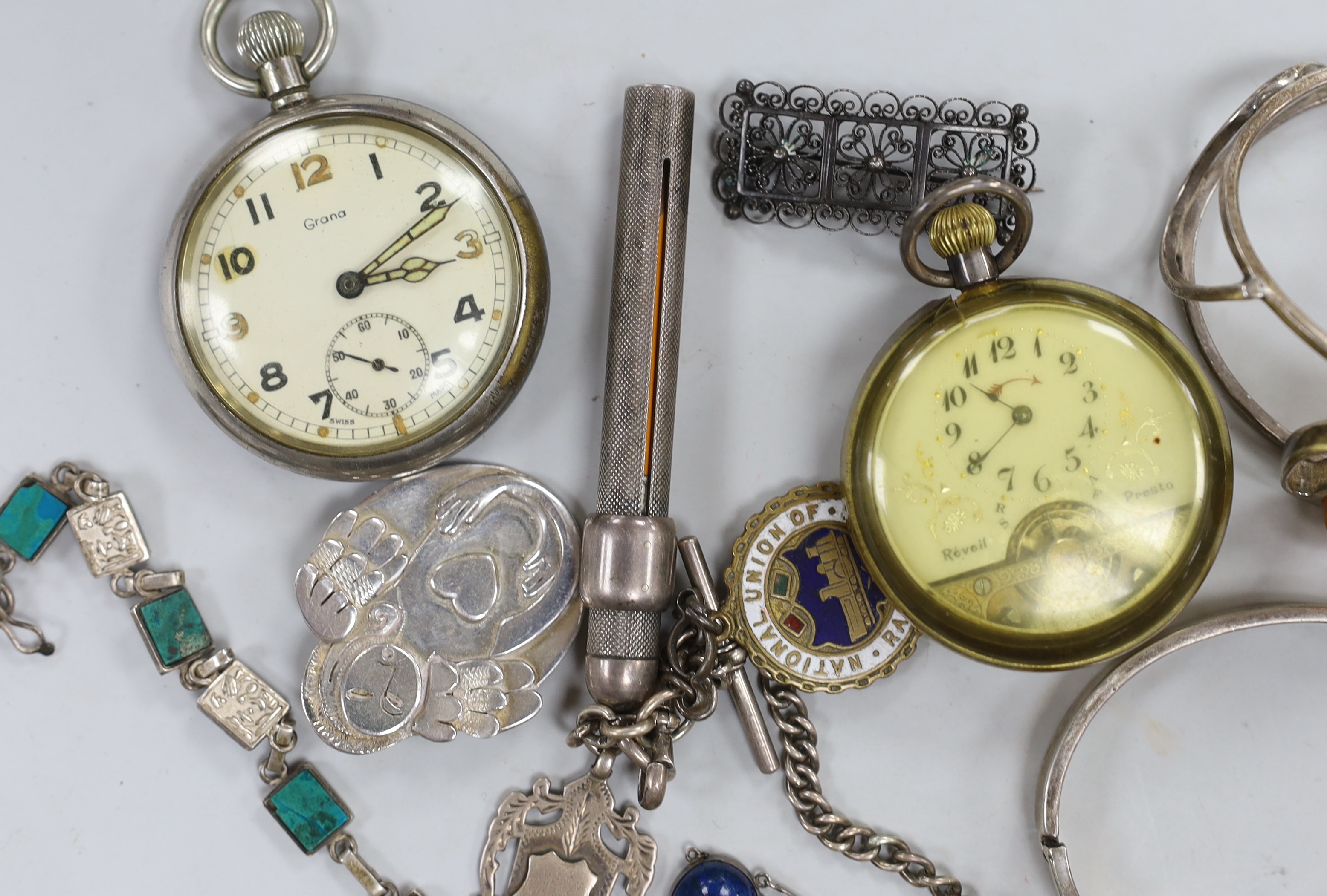 Three assorted pocket watches including silver Record and small quantity of mainly silver or white metal jewellery including an albert hung with a large Sampson Mordan & Co silver cased propelling pencil.